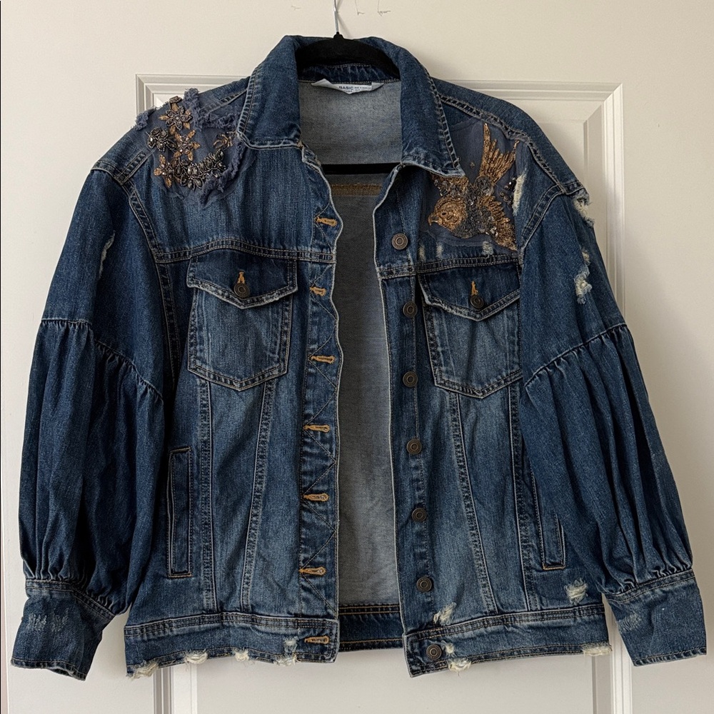 Zara Blue Denim Jacket with Embroidery